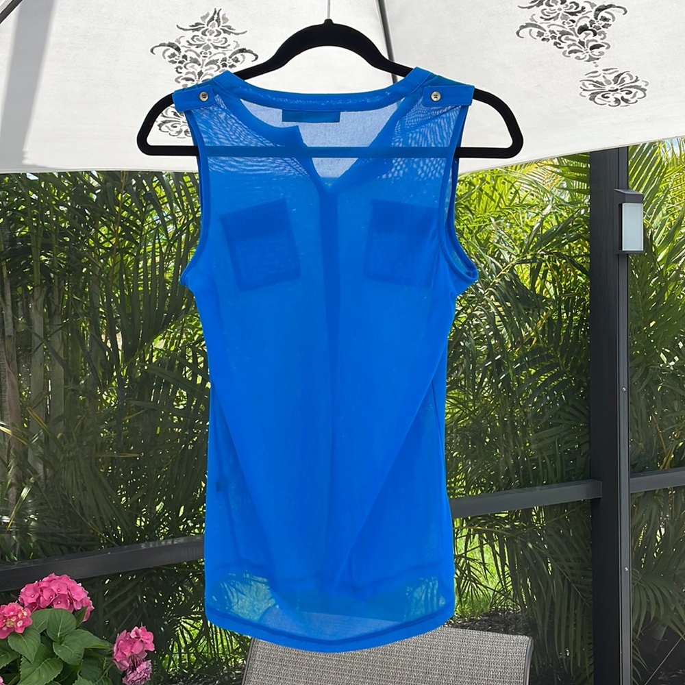 Royal Blue Mesh Brass Button Sleeveless Top - Picture 2 of 3